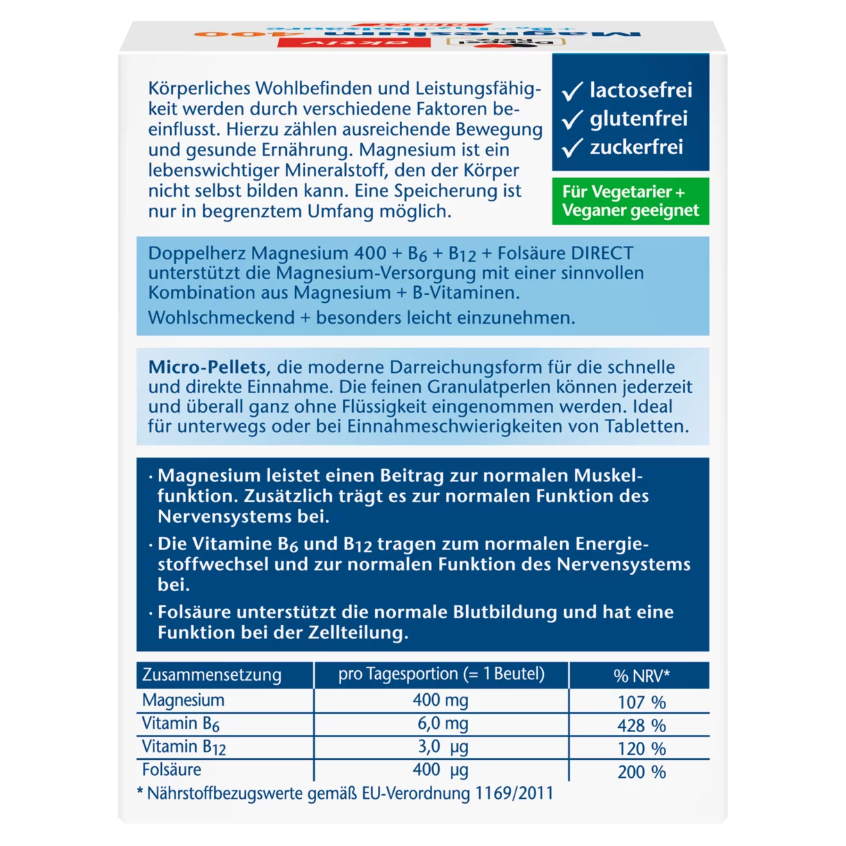 Abbildung der Produktverpackung Doppelherz aktiv Magnesium 400 DIRECT Rückansicht